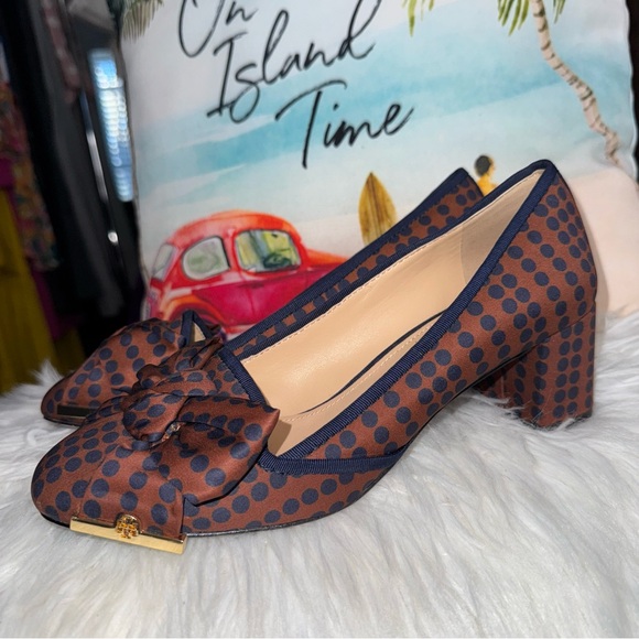 Tory Burch Bow Accent Polka Dot Chunky Heels In Brown & Navy Blue Size 7.5 - Picture 3 of 14